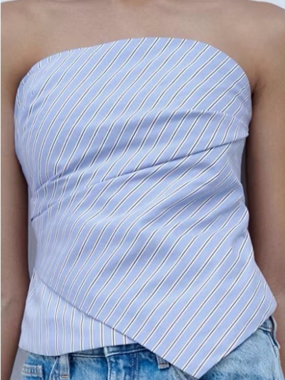 Mango Light Blue and White Striped Strapless Top